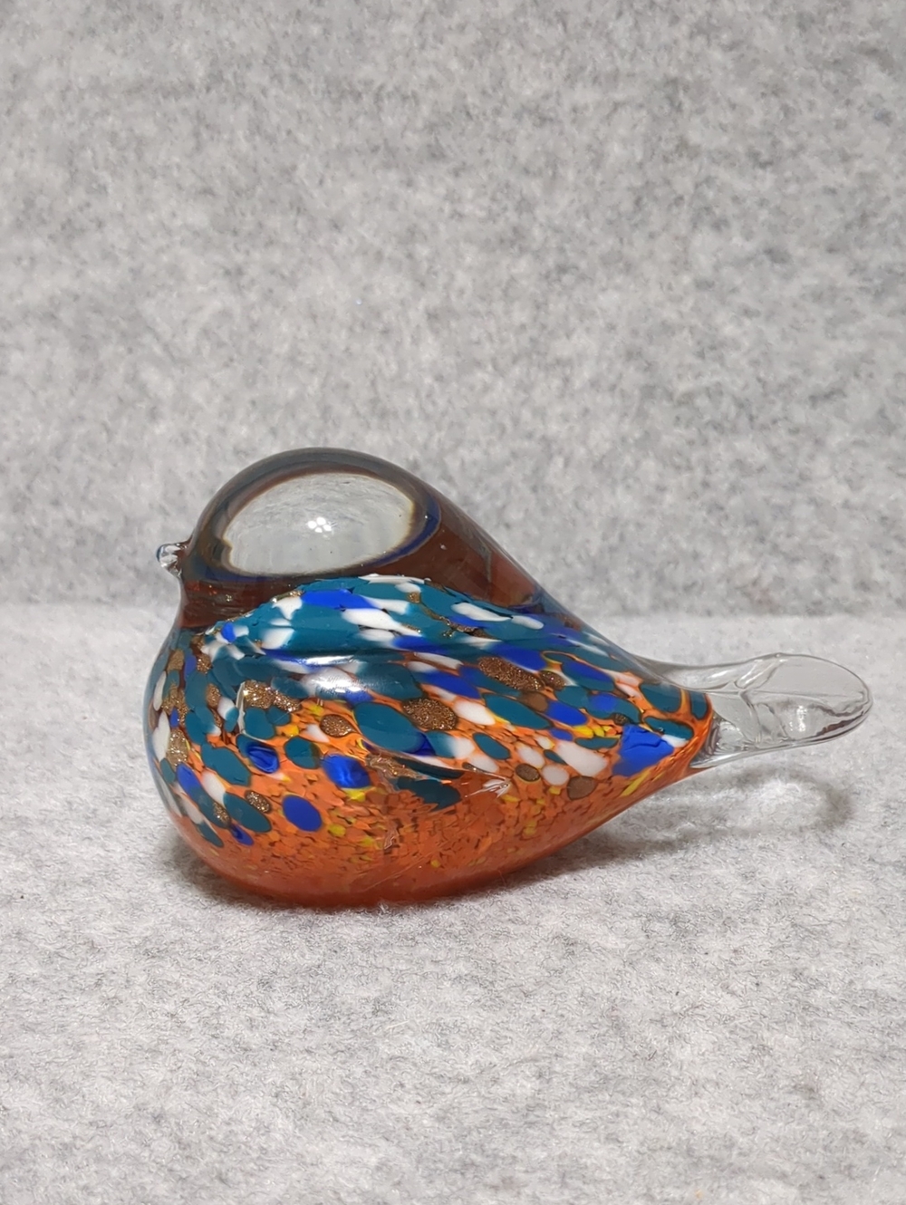 Art Glass Bird Clear, Orange Blue Paperweight
